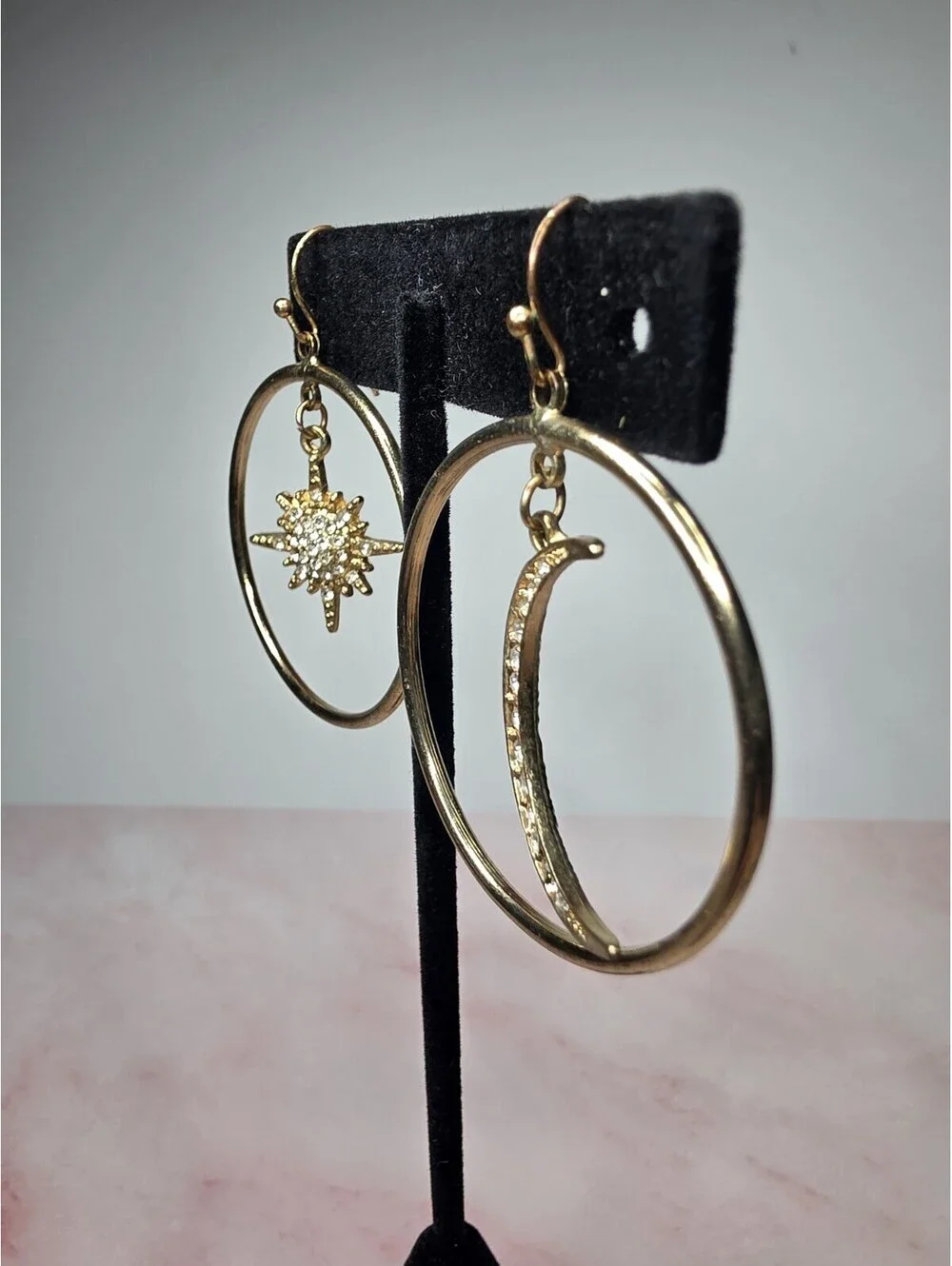 Celestial Gold Hoop Earrings Sunburst Star & Crescent Moon Rhinestone
